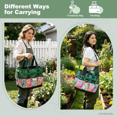Hard Bottom Floral Garden Tool Tote Bag with Shoulder Strap - color: Green Floral