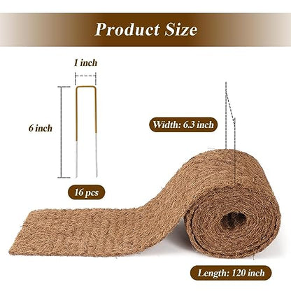 Natural Mulch for Landscaping 120" X 6.3", Coconut Fiber Mulch Mat Roll with 16 U-Shaped Steel Stakes, Garden Edging Border Mat Natural Looking Permanent Mulch Barrier for Plants Vegetables & Flowers