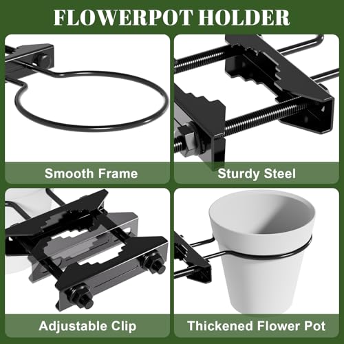 Hanging Flower Pots Holder, 2 Set Deck Railing Plant Container Holder with Pot, Pipe Clip Fence Planters Tray for Indoor & Outdoor Fence Balcony Patio Porch Railing