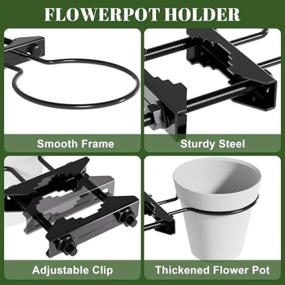 Hanging Flower Pots Holder, 2 Set Deck Railing Plant Container Holder with Pot, Pipe Clip Fence Planters Tray for Indoor & Outdoor Fence Balcony Patio Porch Railing