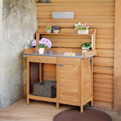 Topeakmart Outdoor Potting Bench with Storage Potting Table,Wood - color: Natural Wood