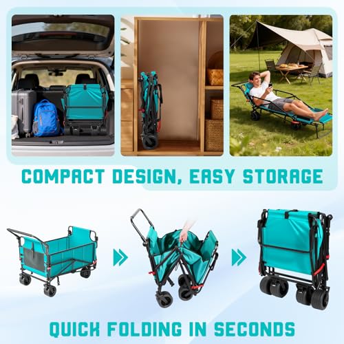LEVELEVE Heavy Duty Folding Wagon - 2-in-1 Collapsible Cart, All-Terrain Wheels w/Brakes & Side Pockets (Azure Blue, 650lb Capacity) - color: Sky Blue, size: Large
