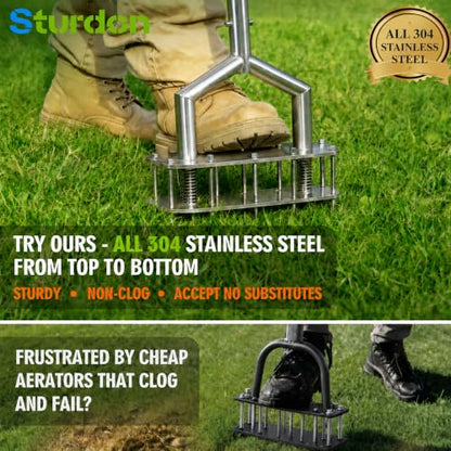 Manual Lawn Aerator - 304 Stainless Steel Aerator Lawn Tool with 15 Spikes