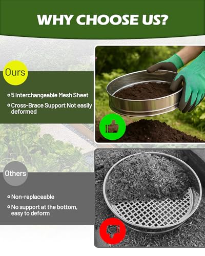 5-in-1 Soil Sifter Set with 5 Replaceable Stainless Steel Mesh Screen & Shovel (1/8" to 1/2"), Soil Sifter for Soils, Compost, Bonsai, Cat Litter and More（11-5/8" Diameter）