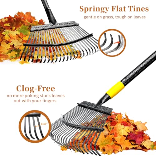 Rake for Leaves Heavy Duty, Large Garden Leaf Rakes for Lawns, 65 Inch Gardening Rake with Back-Saving Long Handle, 18.5” Wide 25 Tines Head for Quick Cleanup Yard Grass Clippings, Anti-Rust - size: 5 ft Rake