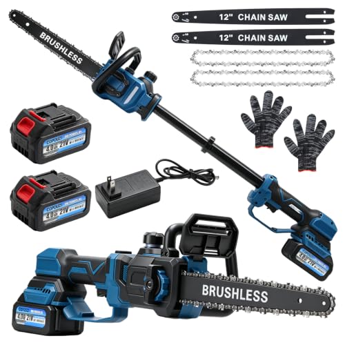 12" Brushless Telescopic Chainsaw, 2-IN-1 21V Cordless Electric Chain Saw with 2 x 4.0Ah Batteries and Charger, Tool-Free Chain Tension, Power Chain Saws for Tree Trimming, Wood Cutting