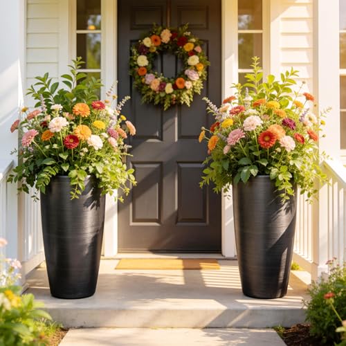 Autodaya 22.8" Tall Outdoor Planters Set of 2, Faux Brushed Steel Finish - color: Metallic Brushed Black-21.8"h