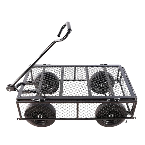 Solid Wheels Wagon cart Large-Capacity mesh Steel Garden Trolley with Detachable Side Without Inflatable Tires can be Used in fams,Warehouses and so on.The Load can Reach 1100 pounds. - color: Black Solid Wheels