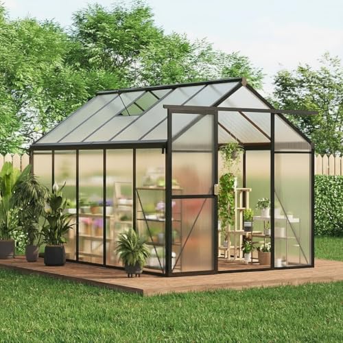 6x10 FT Greenhouse, Easy Assembly Aluminum Polycarbonate Greenhouses for Outdoors with Roof Vent, Large Aluminum Walk-in Greenhouse for Sunroom Patio, Backyard, Garden, Sliding Lockable Door, Black - color: Black, size: 6x10 FT