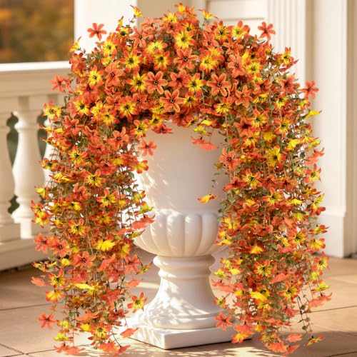 6 Pcs Artificial Hanging Mums for Outdoors, UV Resistant Fake Fall Flowers - color: Yellow Orange