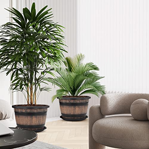 Quarut Large Plastic 4 Pack14 inch Plant Pots,Whiskey Barrel Planters with Drainage Holes & Saucer.Flower Pots Imitation Wine Barrel Design for Indoor & Outdoor Garden Balcony Plants.5 Gallons(Brown) - size: 14 inches