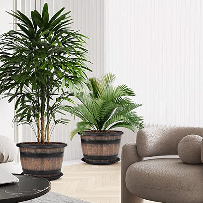 Quarut Large Plastic 3 Pack16 inch Plant Pots,Whiskey Barrel Planters with Drainage Holes & Saucer.Flower Pots Imitation Wine Barrel Design for Indoor & Outdoor Garden Balcony Plants.7 Gallons(Brown) - size: 16 inches