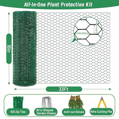 Convivium Plant Protectors from Animals, 0.8mm Free-Cut Green Chicken Wire Mesh, PVC Coated Tree Trunk Guard & Garden Fence for Outdoor Plants with Zip Ties, Stakes, Pliers, Gloves（33Ft*16In） - size: 33Ft*16In