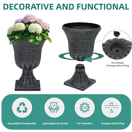 2-Pack 22" Washed Black Plastic Urn Planters with Drainage Holes - color: 22"h-washed Black