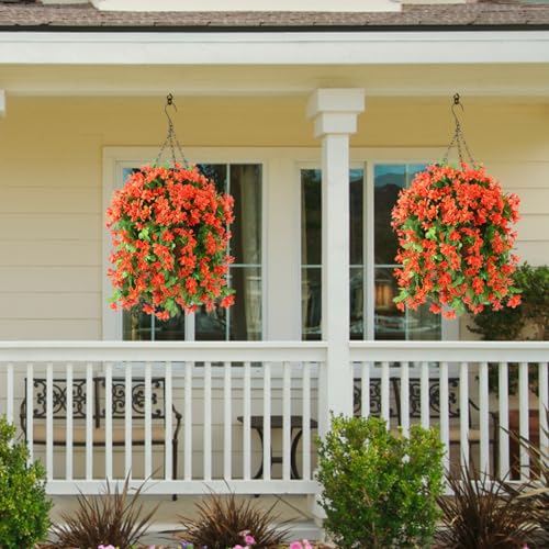INQCMY Fake Hanging Flowers with Basket Artificial Violet for Outdoor - color: Orange