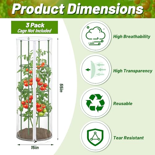 3Pcs 15" x 55" Garden Bird Netting Plant Cover for Round Plant Cage - size: Round Cage CoverS（Cover Only）