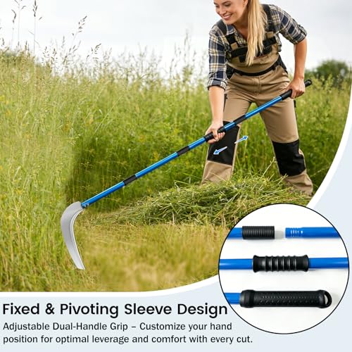 12.6'' Scythe Tool for Grass Cutting, 4 Stainless Steel Poles, Adjustable Dual-Hand Grip, Professional-Grade Blade, for Clearing Bushes, Vines, Fields, Ditches, Paths, Landscaping, Blue, 67in. - size: 12.6'' Scythe with 4 Poles