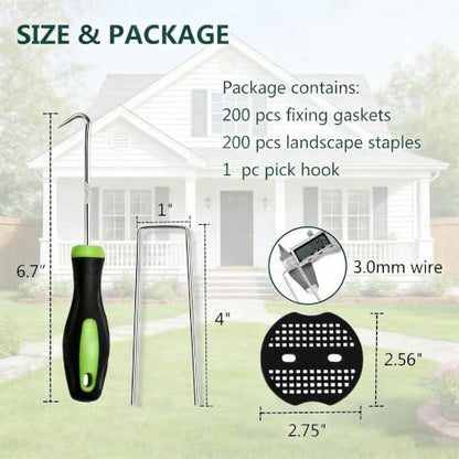 4 Inch 200 PCS Galvanized Landscape Staples with 200 PCS Gasket, Landscape Fabric Pins Stakes Lawn Ground Cover Graden Staples Spikes Weed Barrier Stakes - size: 4" 200 Pack