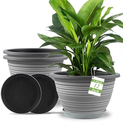 KPUVX 3 Pack 12 Inch Pots for Plants,Plastic Flower Pots Outdoor Indoor - color: White