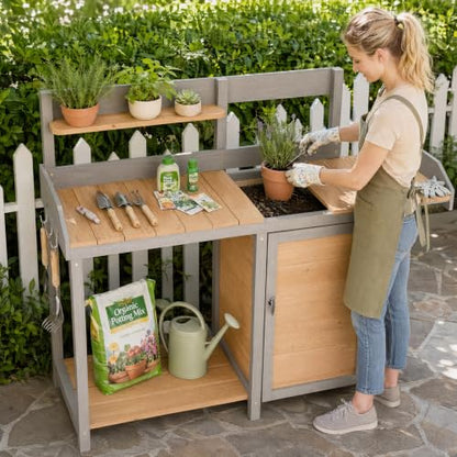Wooden Potting Bench Table with Sink,Outdoor Garden Table Work Bench with Storage, Workstation for Outside Lawn Patio - size: 17"x41"x43.5" w/Cabinet