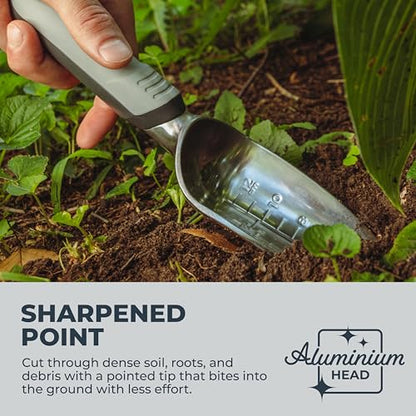 Woodland Tools Heavy Duty Garden Transplanter - Narrow Anodized Aluminum Hand Shovel with Depth Markings and Ergonomic Grip, Planting and Digging Tool for Soil, Flowers, Bulbs, and Raised Beds - size: Transplanter