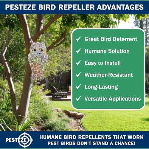 PESTEZE USA Owl Bird Deterrent Reflective Hanging Decoy Repellent with Bell, 4 Pack 6 x 13.5 in Shiny Scare Device Keep Birds Away Outdoor Porch Garden Yard Patio Protect Property
