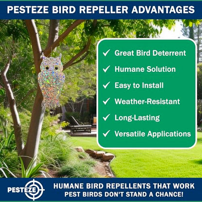PESTEZE USA Owl Bird Deterrent Reflective Hanging Decoy Repellent with Bell, 4 Pack 6 x 13.5 in Shiny Scare Device Keep Birds Away Outdoor Porch Garden Yard Patio Protect Property