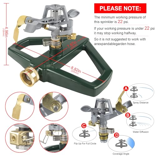 Sprinklers for Yard with Metal Base, Heavy Duty Sprinklers 360 Degree Rotating, Adjustable Zinc Alloy Sprinkler for Yard, Garden, Lawn and Large Areas