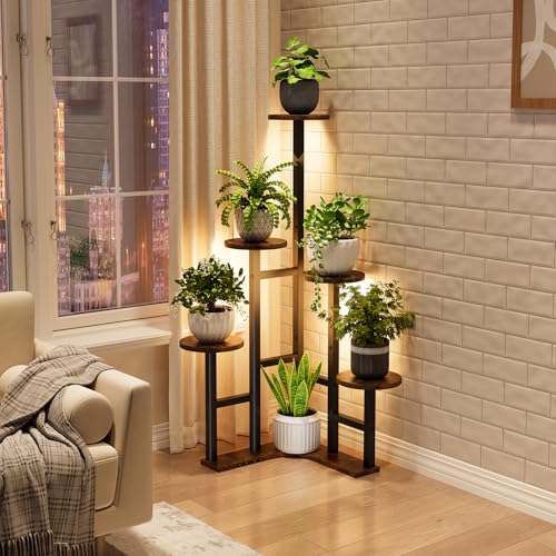 Corner Plant Stand Indoor with Grow Lights 6 Tiered Corner Plant Shelf - color: Rustic Brown(with Lights), size: 6 Tier-Round