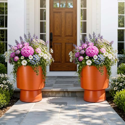 16.8" Planters for Outdoor Plants, Large Urn Flower pots S/2 - color: 16.8"-orange Linear Texture