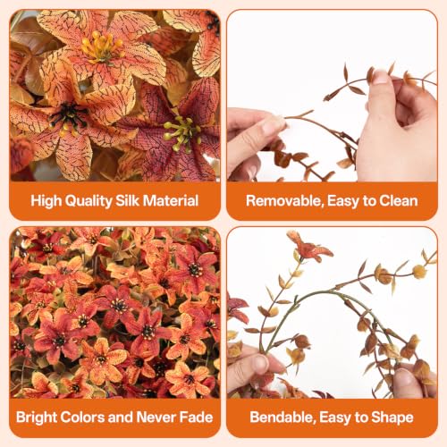 6 Pcs Artificial Hanging Mums for Outdoors, UV Resistant Fake Fall Flowers - color: Red Orange With Fall Leaves