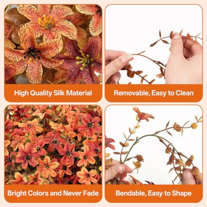 6 Pcs Artificial Hanging Mums for Outdoors, UV Resistant Fake Fall Flowers - color: Red Orange With Fall Leaves