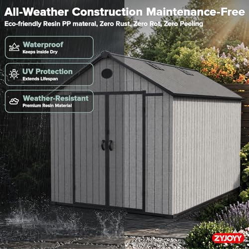 ZYJOYY Outdoor Storage Shed 8x12 FT with Floor, 16mm Resin Tool Shed, Grey - color: Grey & Black