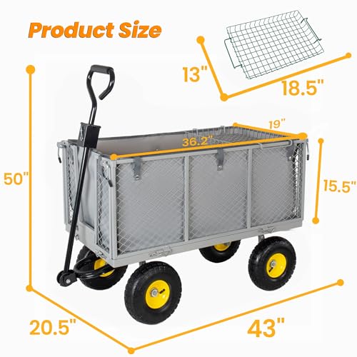 4-in-1 Oversized Steel Dump Garden Cart, 880lbs Pullable Mesh Metal Utility Cart with Removable Liner, Side Panels & Mesh Tray for Outdoor Lawn, Patio, Landscaping, Gray