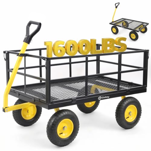 Sekey 12 Cu Ft Steel Garden Cart, 1600 lb Capacity, Towable Handle - color: Black, size: 1600LBS
