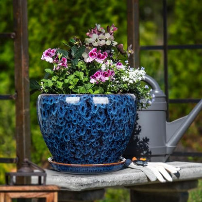 Hollyone 9+7 Inch Ceramic Planter Set of 2 Blue Ceramic Plant Pot for Plants Flowers with Drainage Hole and Saucers Ceramic Glaze Round Plant Pot Indoor Outdoor Large Succulent Orchid Flower Pot - size: 7 and 9 Inch (Set of 2)
