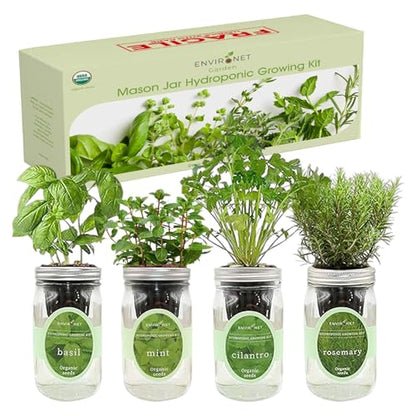 Hydroponic Herb Growing Kit Set, Self-Watering Mason Jar Herb Garden Starter Kit Indoor, Grow 4 Kinds of Herbs from Seeds (Basil, Mint, Cilantro & Rosemary)
