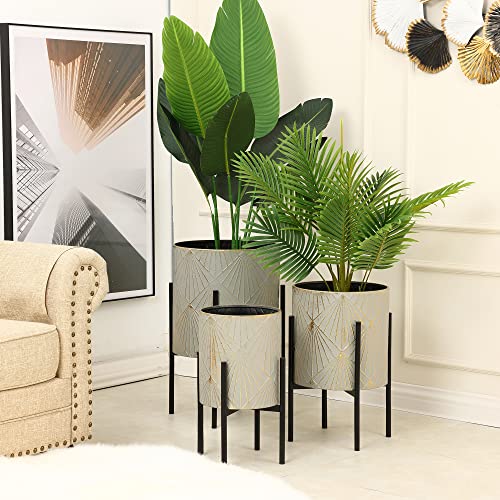LuxenHome Planters for Indoor Plants, Set of 3 Floor Plants Pots with Stand - color: Green Gray