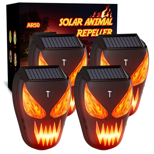 4 Pack Solar Nocturnal Animal Repeller with Predator Lights, Waterproof Coyote Deterrent Devices for Raccoon, Skunk, Opossum & Deer, Fox Repellent for Yard, Farm, Chicken Coop, Garden