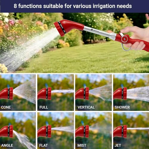 HugeDawn Garden Hose Wand, 16-Inch Heavy Duty Zinc Alloy & Aluminum Watering Wand with 8 Spray Patterns Thumb Control for Hanging Baskets, Garden, Cleaning (Red) - color: Red
