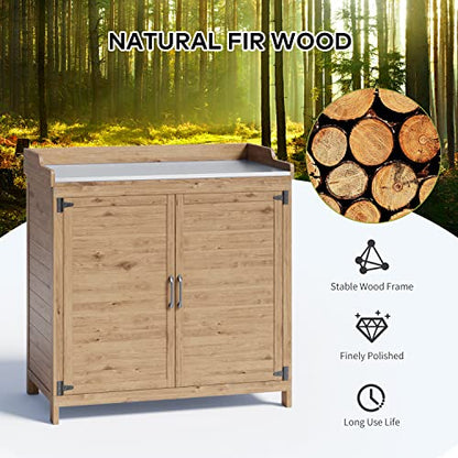 Gizoon Outdoor Potting Bench with Metal Tabletop, Wooden Cabinet, Natural