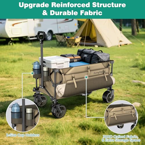 SUNNYFEEL 300L Collapsible Wagon Cart with Big Wheels, 550LBS, Khaki - color: Khaki