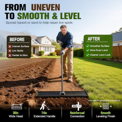 Lawn Leveling Rake,30x10-Inch Leveling Rake for Soil,74-in Handle