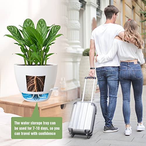 UOUZ Large Self Watering Pots, 12/10/9 Plastic Planters with High Drainage Holes and Deep Reservoir for Indoor Outdoor Garden Plants and Flowers, White - color: White