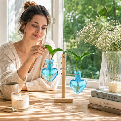 Nacome Plant Terrarium Propagation Stations: Blue Vase with Wooden Stand - color: Blue
