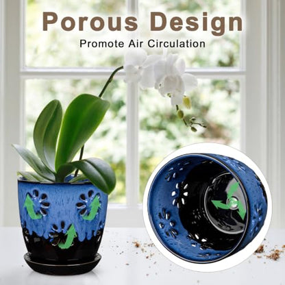 6 inch Orchid Pots with Holes Blue Black Ceramic Orchid Pot for Repotting - color: Blue&black