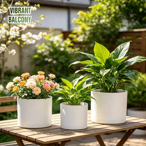 10/9/8 Inch Plant Pots 3 Pack, with Drainage Hole & Saucers - color: Matte White