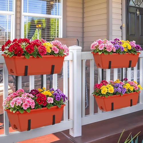Railing Planter Box Set of 2, 4 Pack Brick Red Window Boxes Planters - color: Brick Red