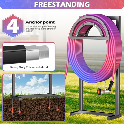 OLV Hose Holder Holds 150-ft Water Pipe, Outdoor Freestanding Heavy Duty Water Hose Holder Reel with 4 Spikes, Detachable Metal Hose Storage Stand Hanger Rack for Outside Yard Lawn Farm, Black - color: Black
