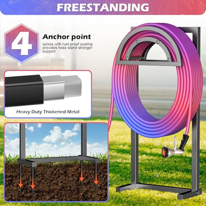 OLV Hose Holder Holds 150-ft Water Pipe, Outdoor Freestanding Heavy Duty Water Hose Holder Reel with 4 Spikes, Detachable Metal Hose Storage Stand Hanger Rack for Outside Yard Lawn Farm, Black - color: Black